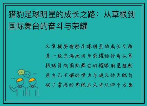 猎豹足球明星的成长之路：从草根到国际舞台的奋斗与荣耀